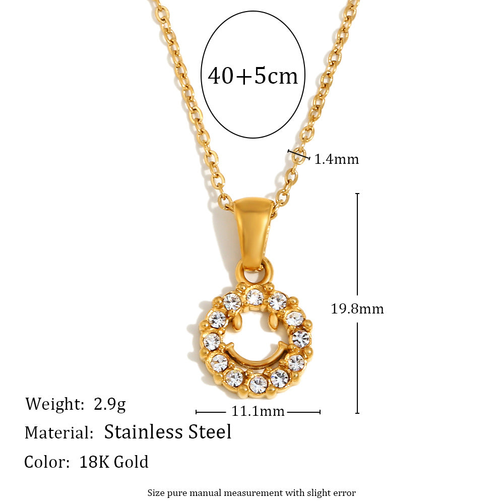 Minimalist Geometric Hollow Smiley Face Pendant Necklace for Women in Stainless Steel with 18K Gold Plating and Zircon Inlay