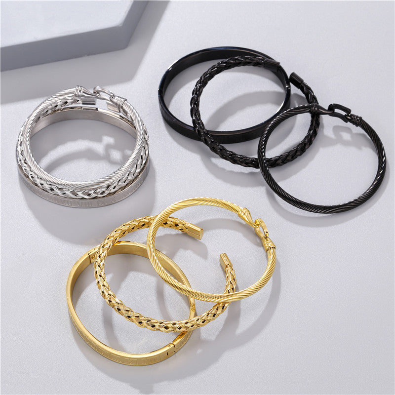 Vintage Men's Roman Numeral Geometric Cylinder Square Woven Titanium Steel Stainless Steel Bracelet Set