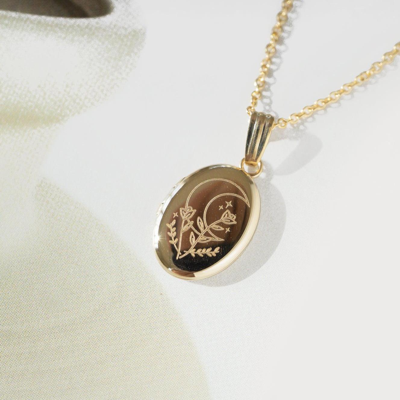 Vintage Oval Sun Moon Evil Eye Opening Photo Locket Necklace for Pets on Copper Snake Chain with Geometric Design
