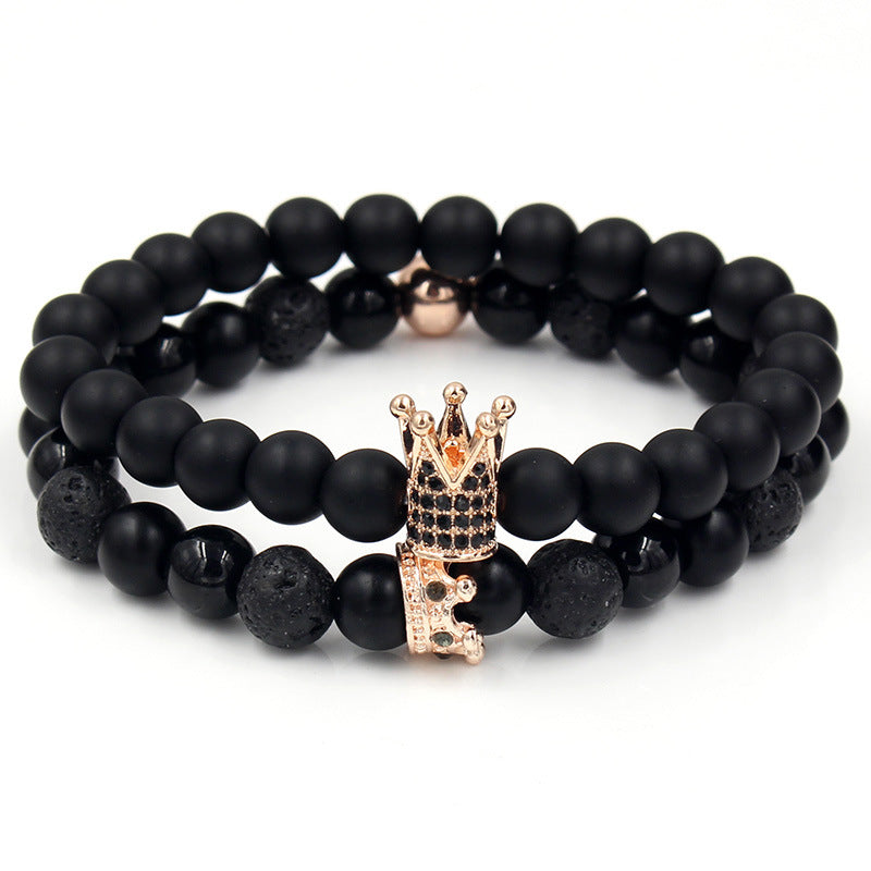 Punk Micro-pavé Cubic Zirconia Skull and Volcanic Stone Bead Bracelet for Unisex