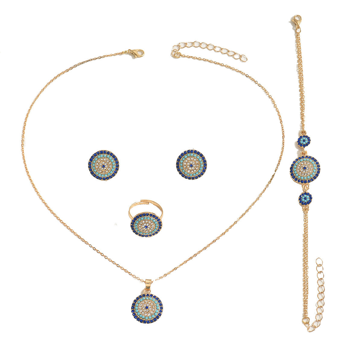 Conjunto de collar de aleación con pedrería geométrica redonda, pulsera de perlas y anillo abierto para mujer