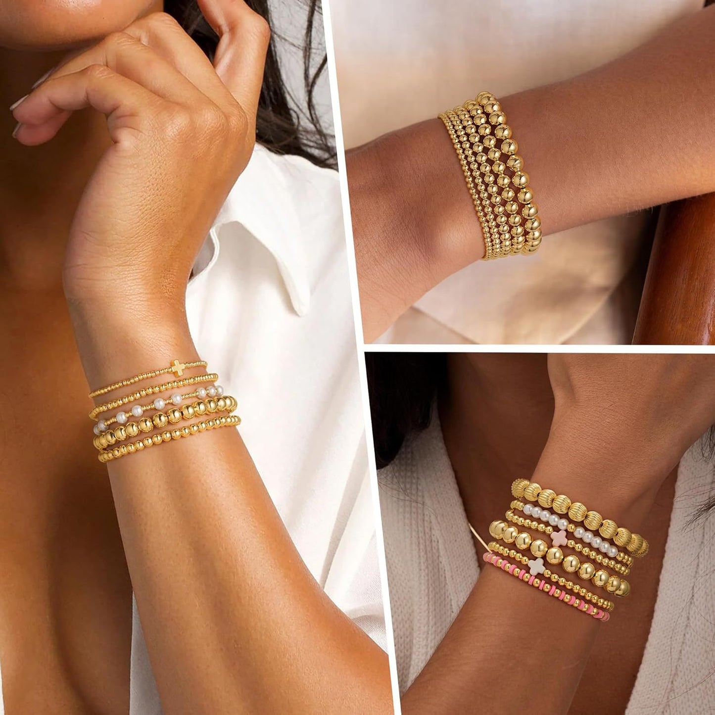 Minimalist 14K Gold Plated Hematite Round Bead Cross Charm Bar Bracelet Set