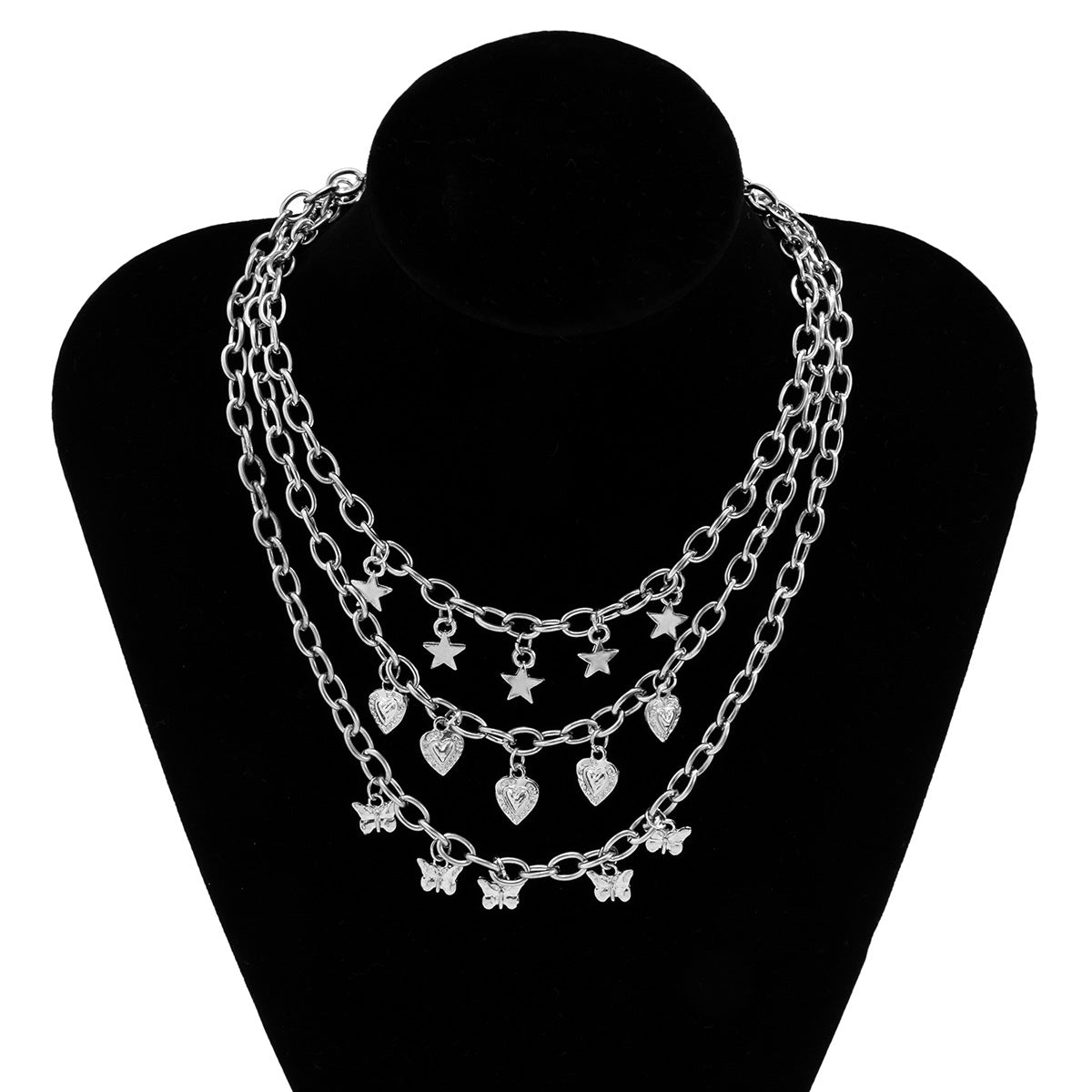 Punk Style Heart and Star Pendant Necklace for Women with Alloy Chain and Electroplated Finish