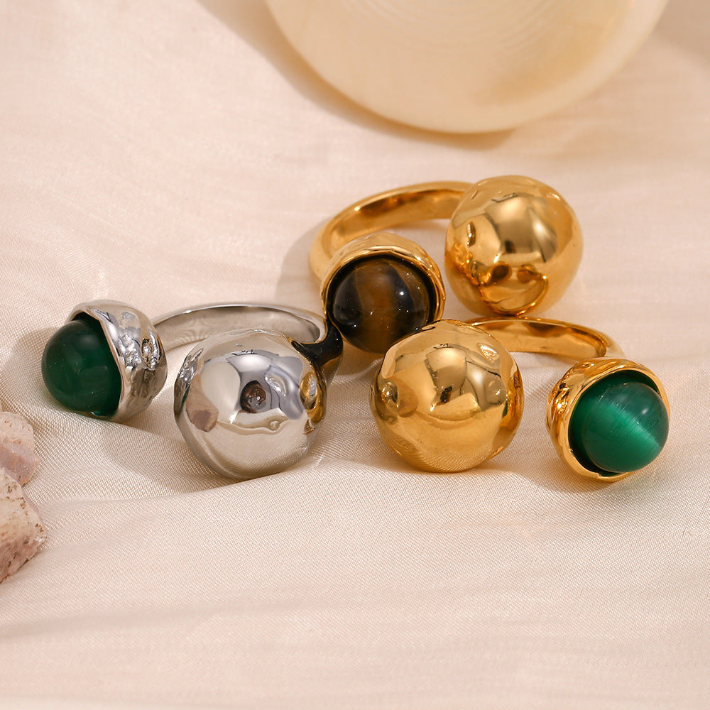 Anillo Abierto Geométrico de Doble Cabeza de Acero Inoxidable Chapado en Oro de 18K con Ágata Verde Natural