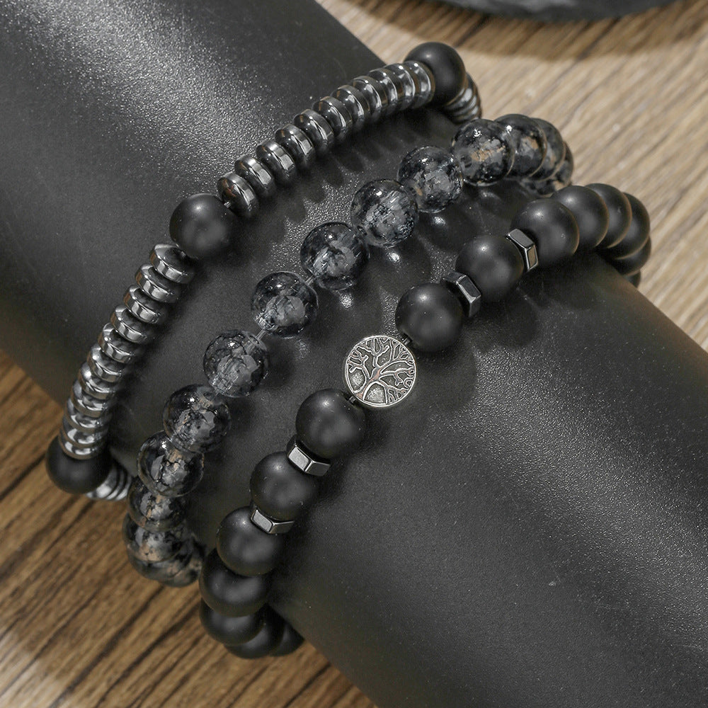 Bohemian Vintage Round Matte Hematite Bead Bracelet Set Alloy Tree of Life Multi-layer Stacking