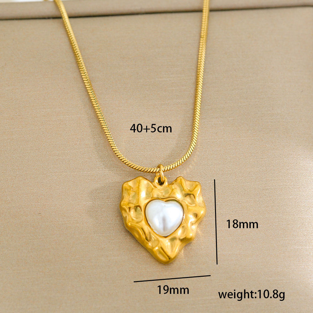 Collar minimalista de acero de titanio con forma de corazón, chapado en oro, perla y cadena ajustable para mujer