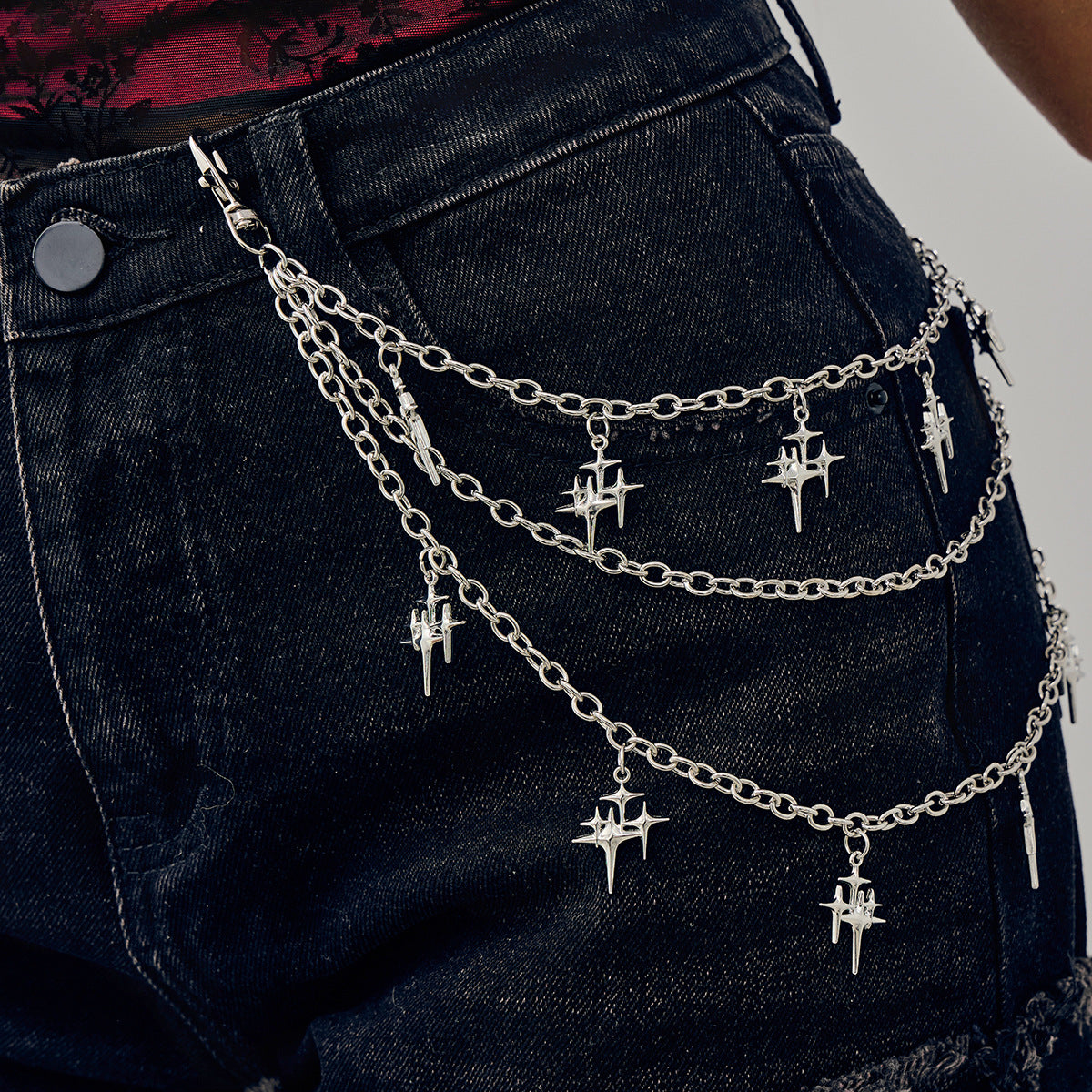 Catena in vita stile punk con ciondolo a stella a quattro punte e nappe, catena in denim multistrato da donna