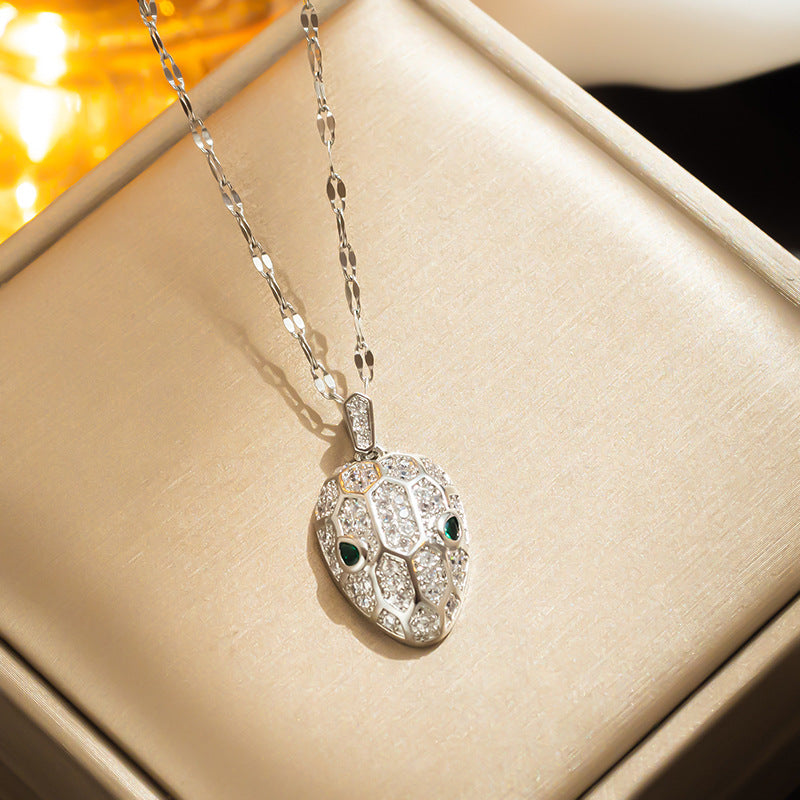 Minimalist Snake Head Pendant Necklace in Titanium Steel with Micro-Pavé Zirconia, Geometric Design Clavicle Chain for Women