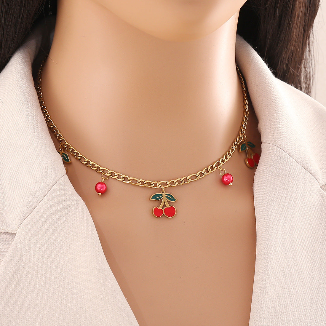 Cherry-Shaped Pendant Necklace in Stainless Steel with Plated Finish, Fashionable Double-Layer O-Chain for Women