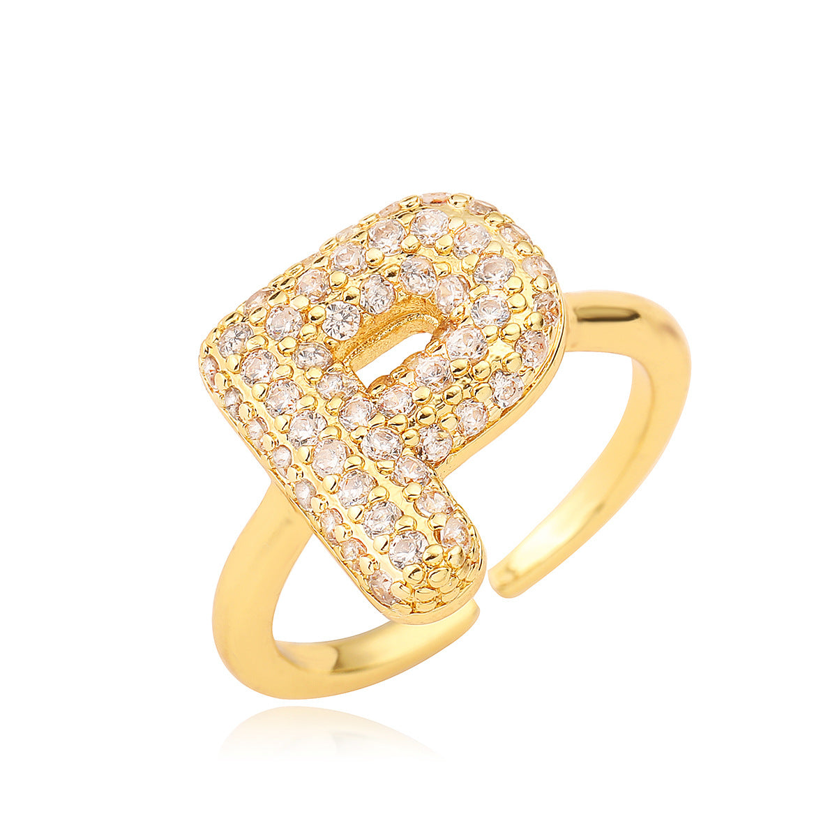 Anillo de cobre minimalista de forma geométrica con letras, chapado en oro de 18K y detalles de circonita para mujer
