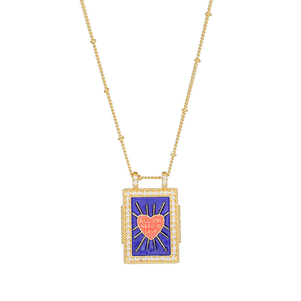 Geometric Gold Plated Brass Drip Oil Cubic Zirconia Inlay Tarot Necklace with Cable Chain