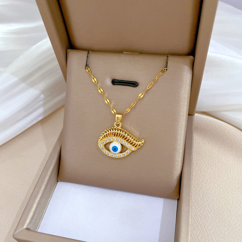 Luxury Geometric Rhinestone-Encrusted Titanium Steel Necklace for Women with Delicate Moon Motif and Adjustable Chain