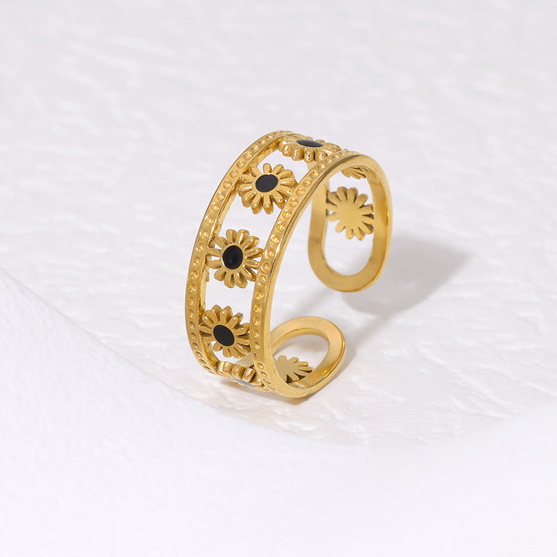 Anillo Minimalista de Titanio Hueco con Forma de Sol y Baño de Oro de 18K para Mujer