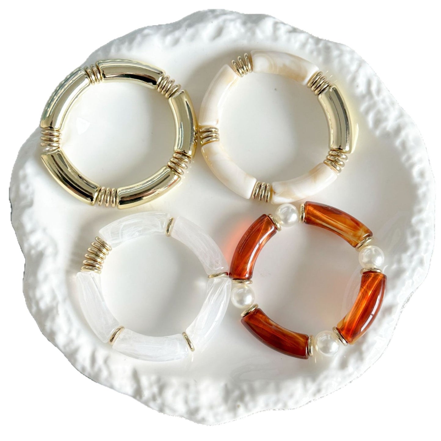 Vintage Geometric Plated Acrylic Beaded Bamboo Joint Cuff Bracelet Set