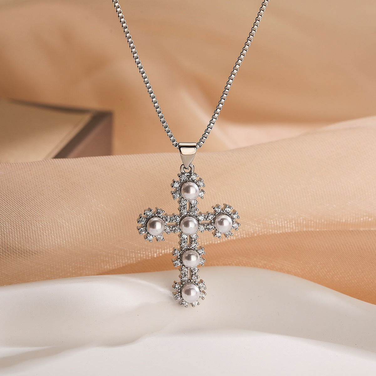 Minimalist Geometric Cross Pendant Necklace for Women with Copper Base Plated in Real Gold, Zircon and Pearl Inlay, Elegant Clavicle Chain