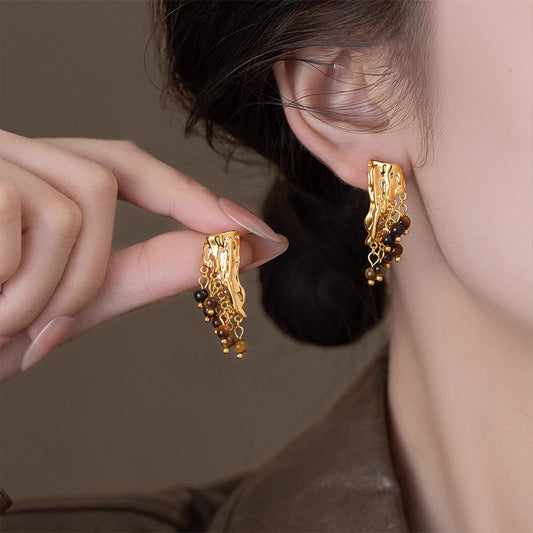 Pendientes colgantes geométricos de resina estilo retro con borla para mujer, postes de acero galvanizado, joyería de lujo minimalista y moderna
