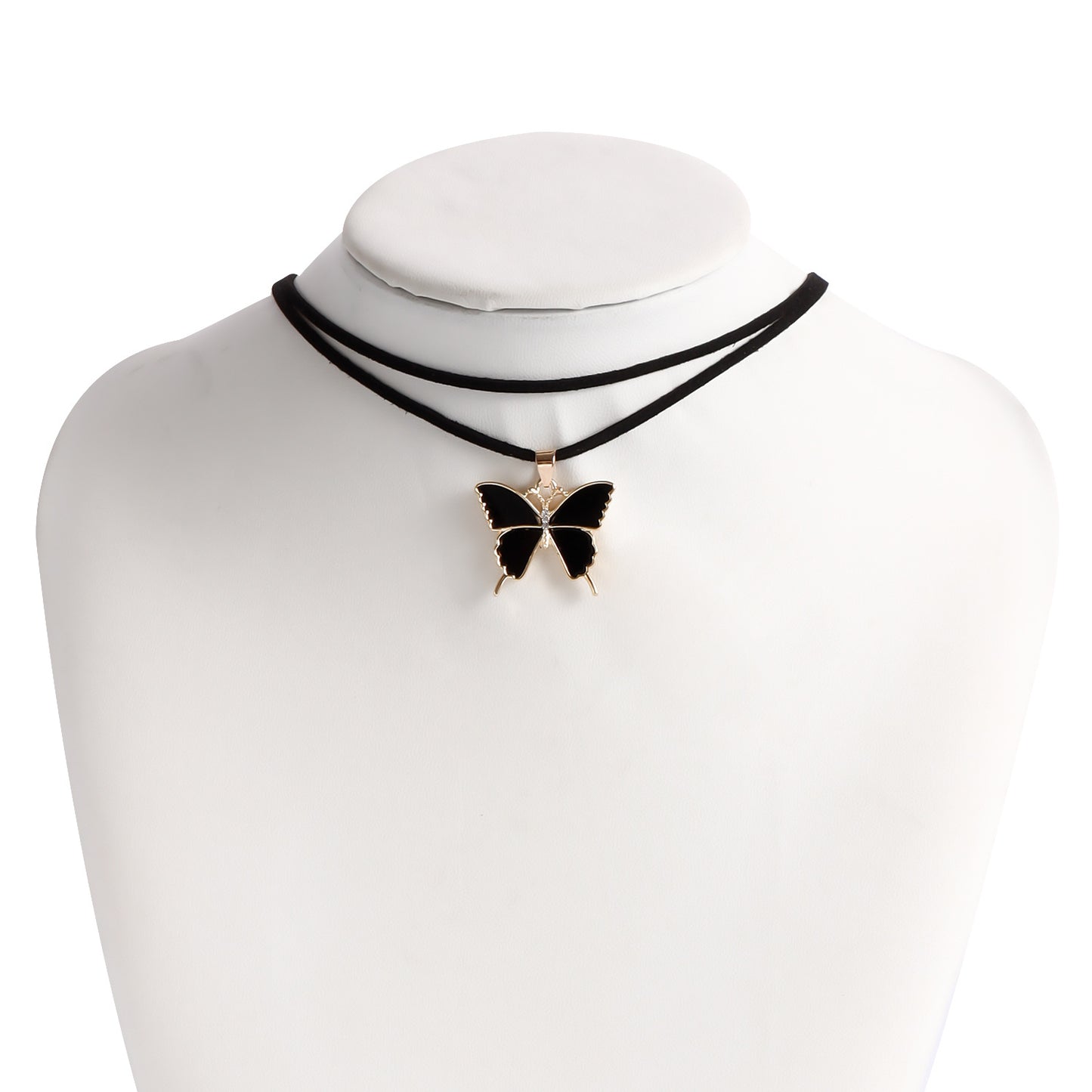 Fashionable Butterfly-Shaped Alloy Pendant Necklace with Rhodium Plating Adjustable Black Velvet Cord for Women