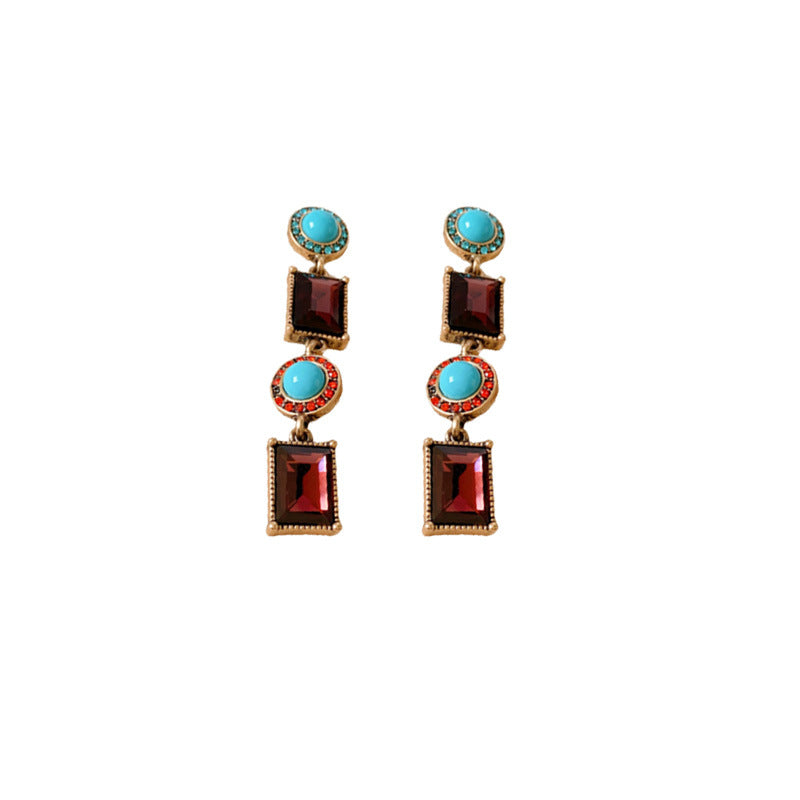 Vintage Style Geometric Pendant Earrings and Bracelet Set in Alloy with Rhinestone Inlay and Plated Finish for Women