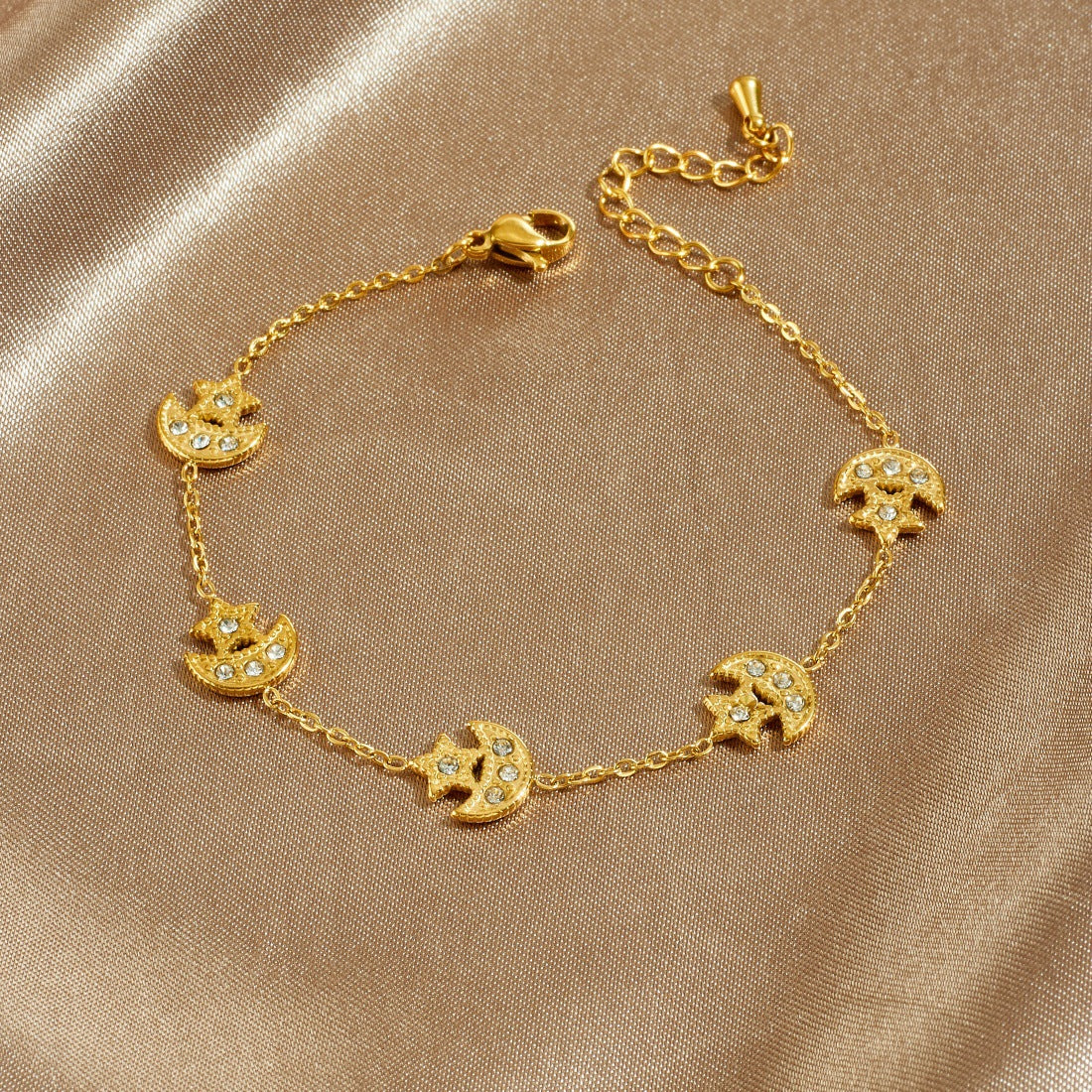 Gold Plated Stainless Steel Star Moon Rhinestone Pendant Connector for Women