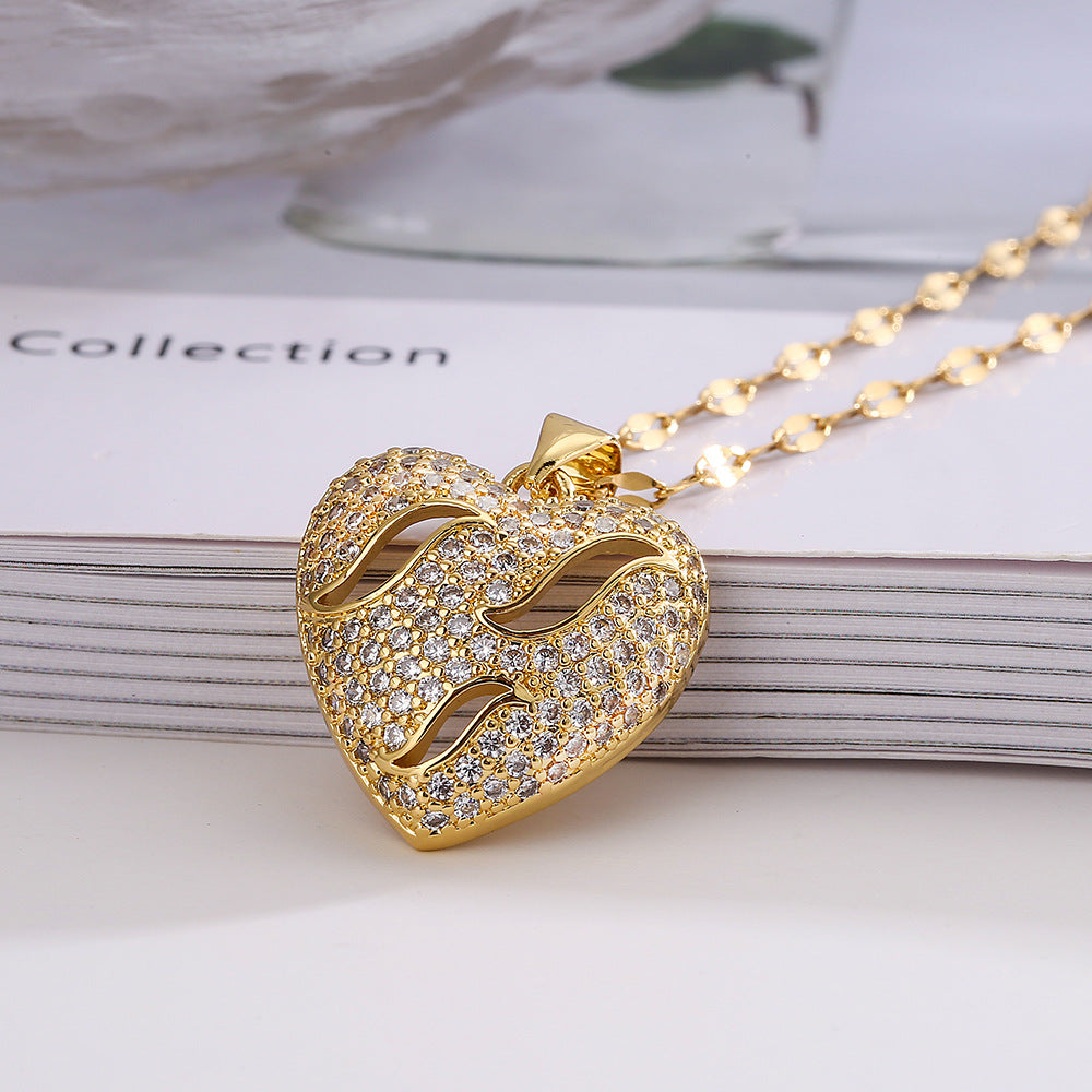 Minimalist Hollow Heart Shaped Zircon Pendant Necklace for Women in Copper with Fashionable Commuter Style
