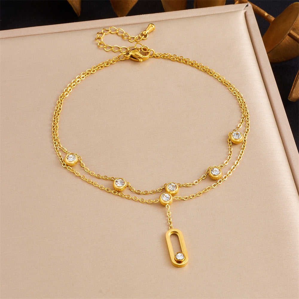 Double Layer Stainless Steel Anklet with Rhinestone Cherry Starfish Flower and Star Moon Charms for Women
