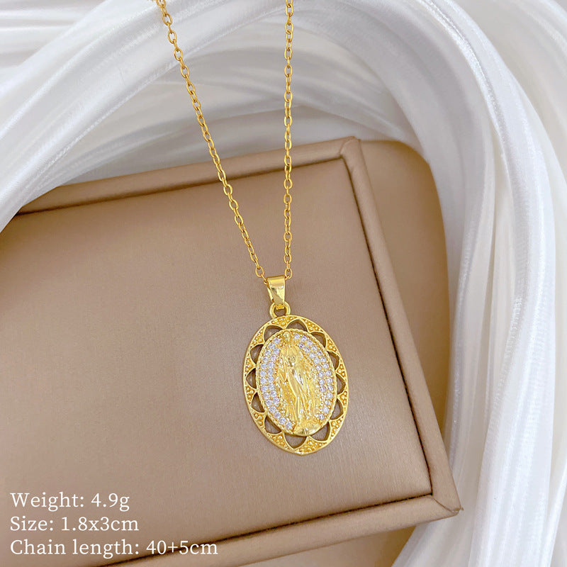 Sweet Minimalist Oval Geometric Hollow Portrait Rhinestone Pendant Titanium Steel Necklace for Unisex