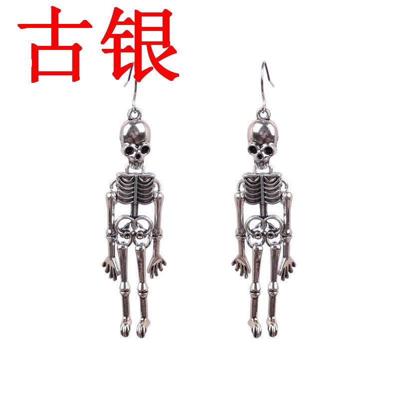 Aretes de aro con calavera de esqueleto estilo punk para mujer, con construcción de aleación y acabado galvanizado