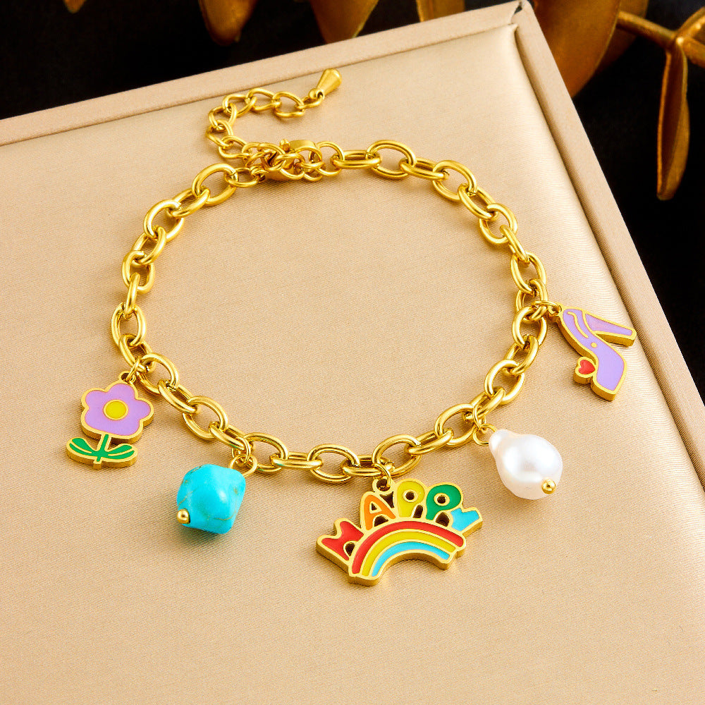 Cartoon Drip Oil Turquoise Floral Stainless Steel Jewelry Set with Cable Chain for Women
