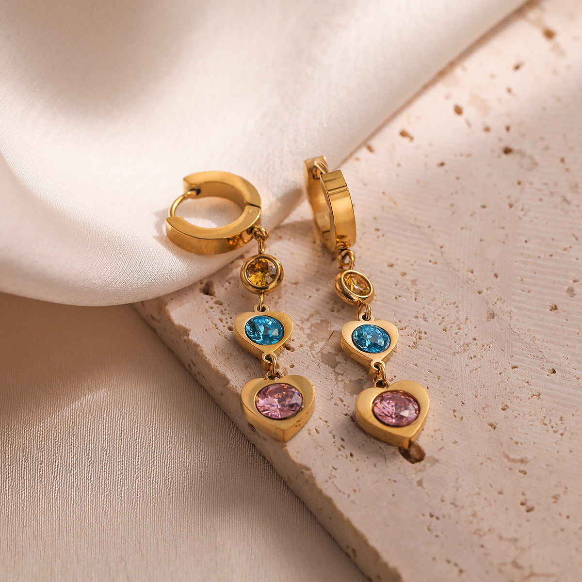 Minimalist Heart-Shaped Titanium Steel Earrings with Genuine Gold Plating and Zircon Inlay for Women