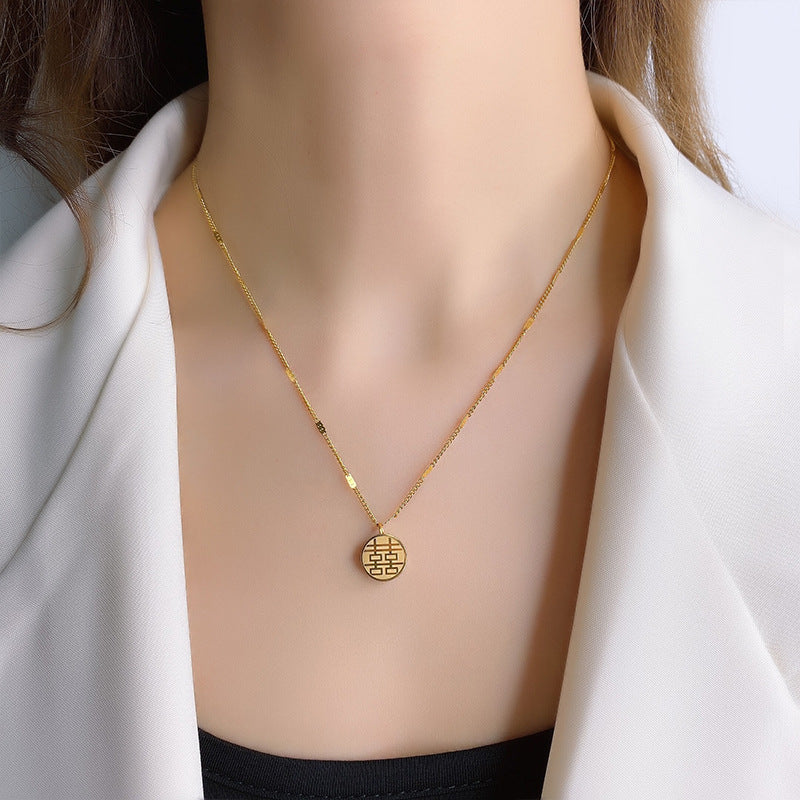 Matte Titanium Steel Double-Sided Chinese Character Pendant Necklace for Women with Fu and Xi Symbols on Embossed Chain