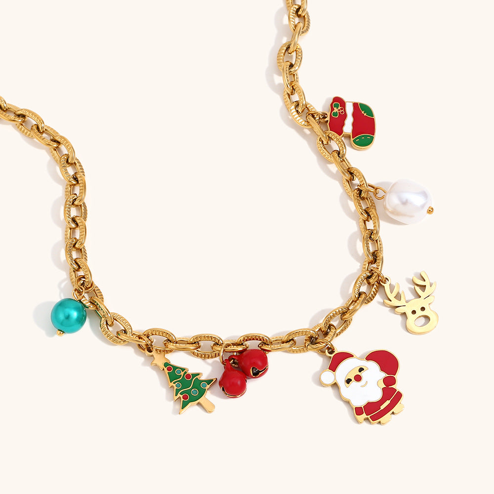 Collar con colgante de Papá Noel de Navidad a la moda para mujer con cadena de acero inoxidable y dije de campana de acero de titanio chapado en oro de 18 quilates