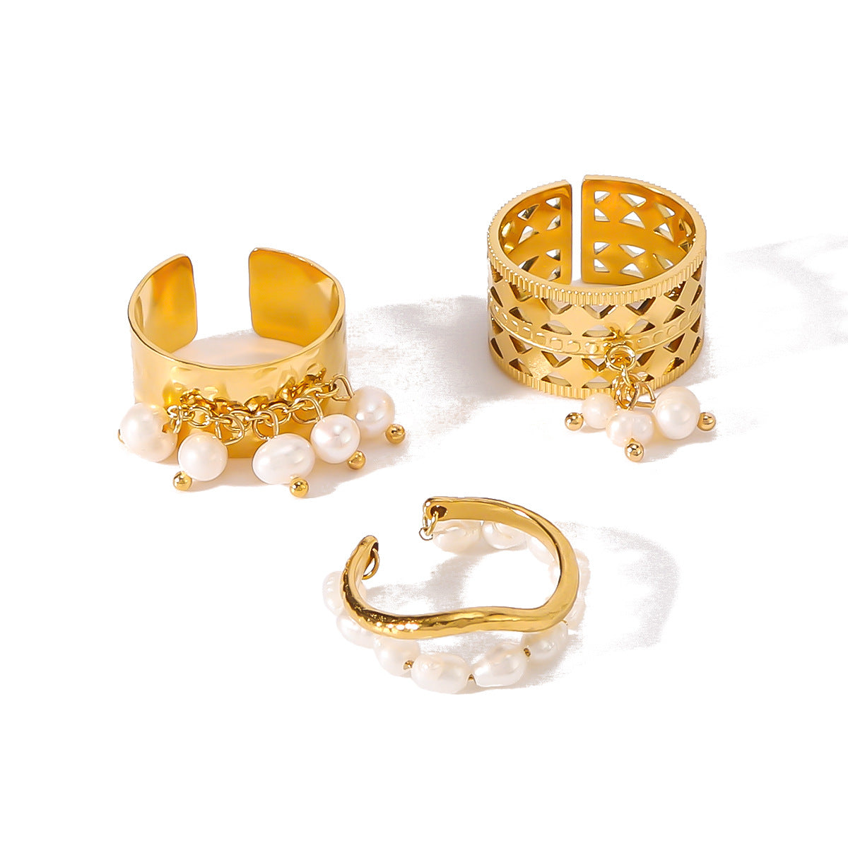 Vintage French Style Geometric Pearl Pendant Stainless Steel Ring with 18K Gold Plating Adjustable Opening Design