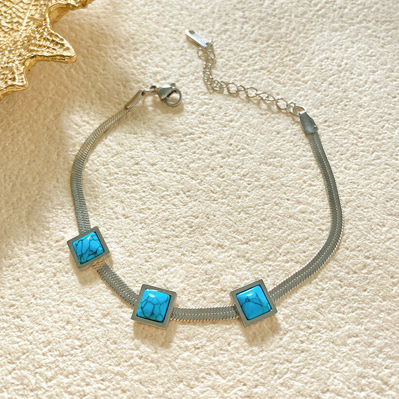 Minimalist Gold Plated Titanium Steel Square Bracelet with Three Turquoise Stones for Unisex