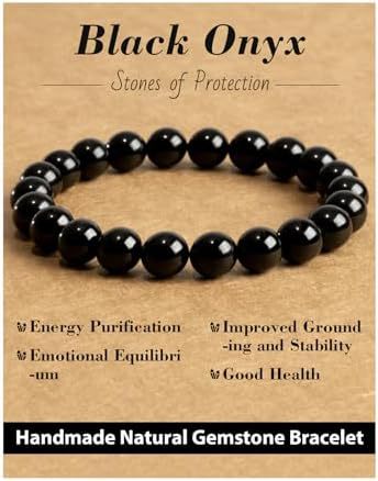 Natural Obsidian and Amazonite Stone Beaded Bracelet 6mm Elastic Stretch Bangle Unisex Handmade Jewelry