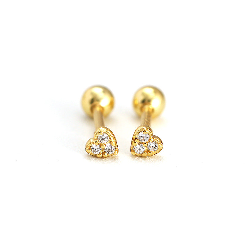 Sweet Minimalist 925 Sterling Silver Heart Inlay Rhinestone Stud Earrings for Women