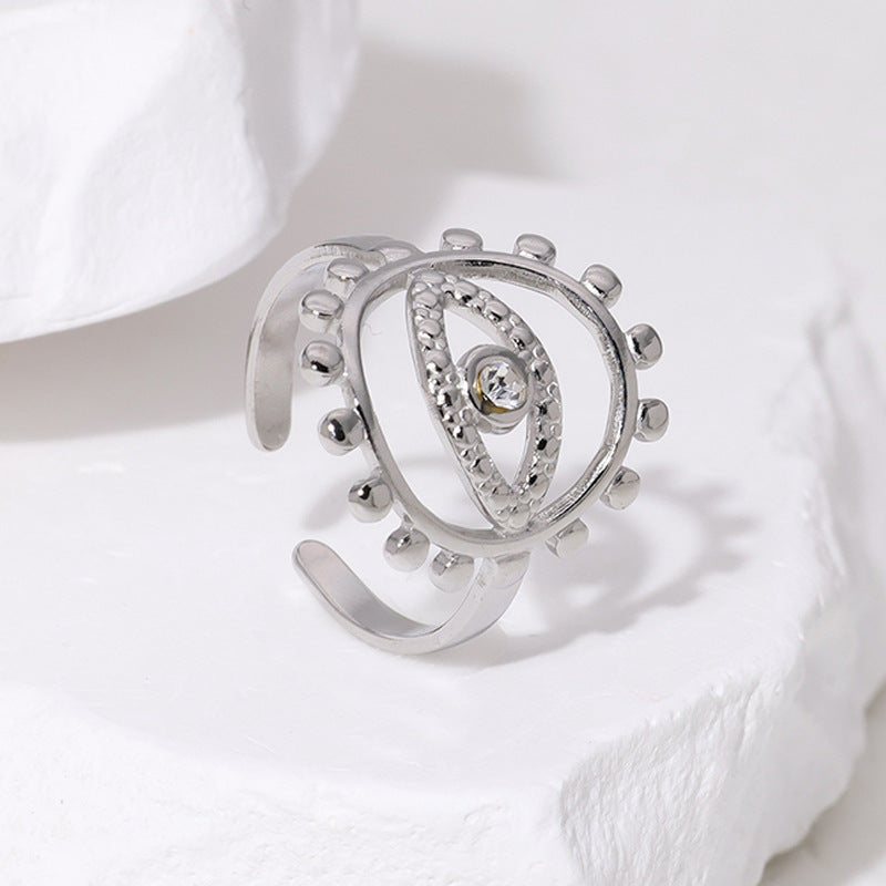 Anello Aperto Geometrico Minimalista da Donna in Acciaio Inossidabile con Placcatura in Oro 18 carati e Occhio di Allah con Strass