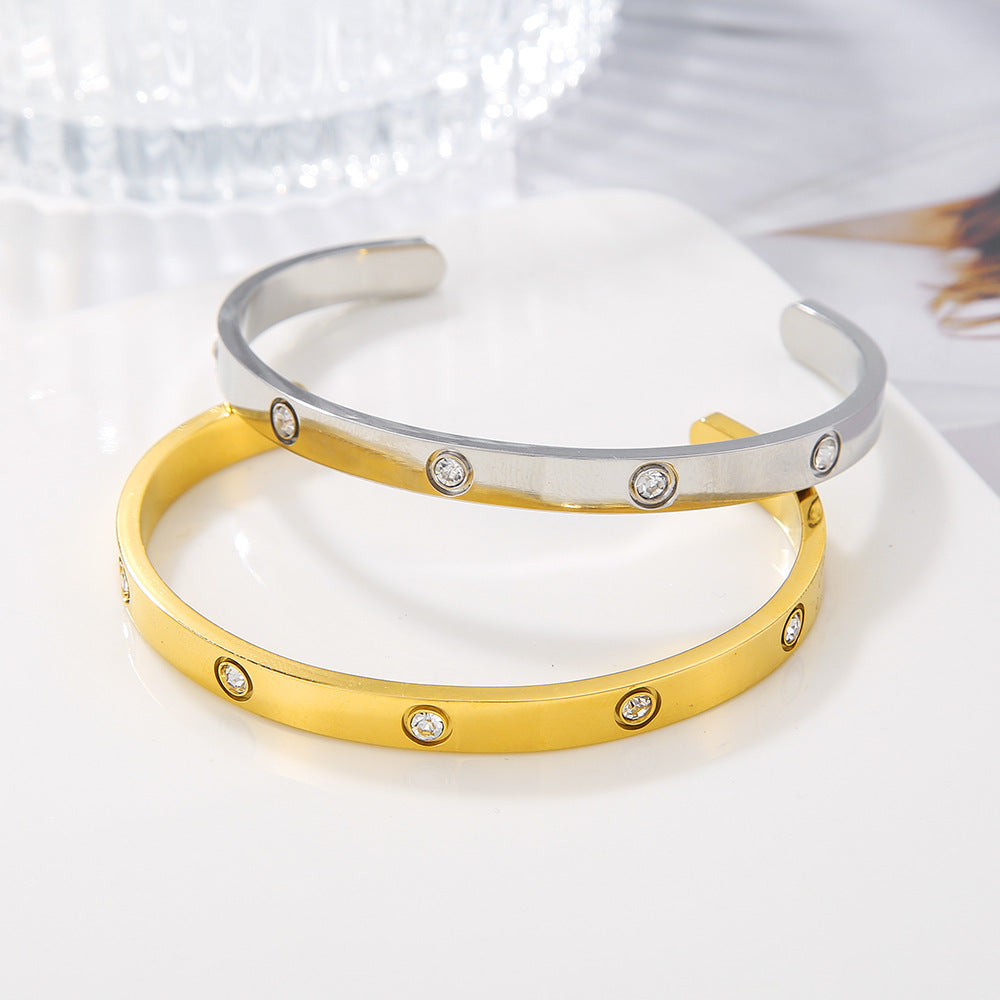 Minimalist Elegant Geometric Titanium Steel C-Shape Bracelet with Rhinestone Inlay for Unisex