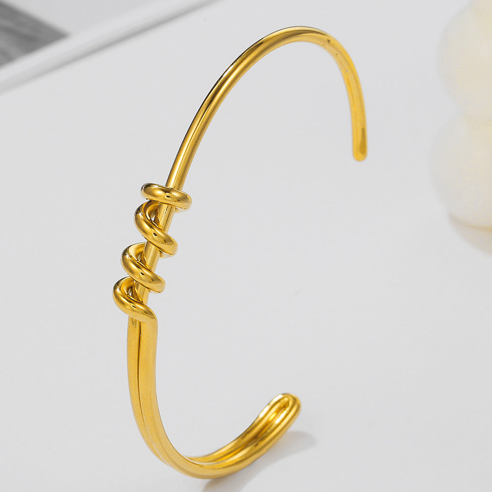 Minimalist Geometric C-Shape Knotted Round Stainless Steel Plated Open Bangle for Unisex