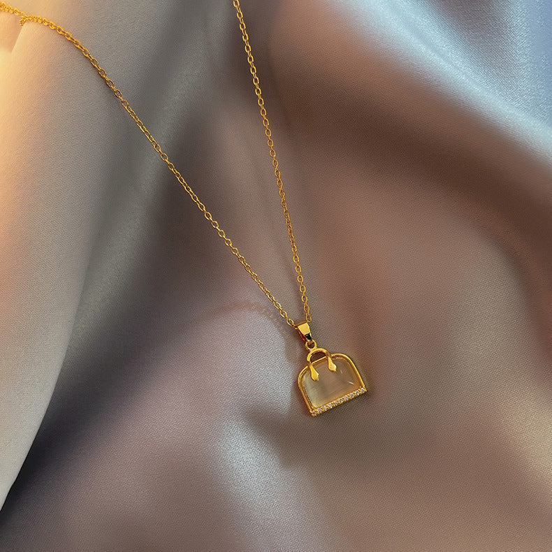 Elegant Cat's Eye Stone Pendant Necklace for Women Titanium Steel Cross Chain Geometric Design Clavicle Chain with Plating Finish