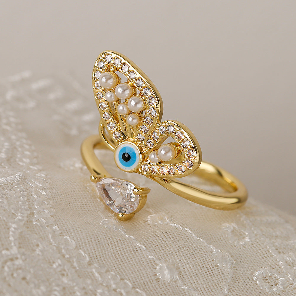 Elegant Butterfly-Shaped Geometric Open Ring for Women with Zircon and Pearl Accents, Micro-Paved Copper Jewelry