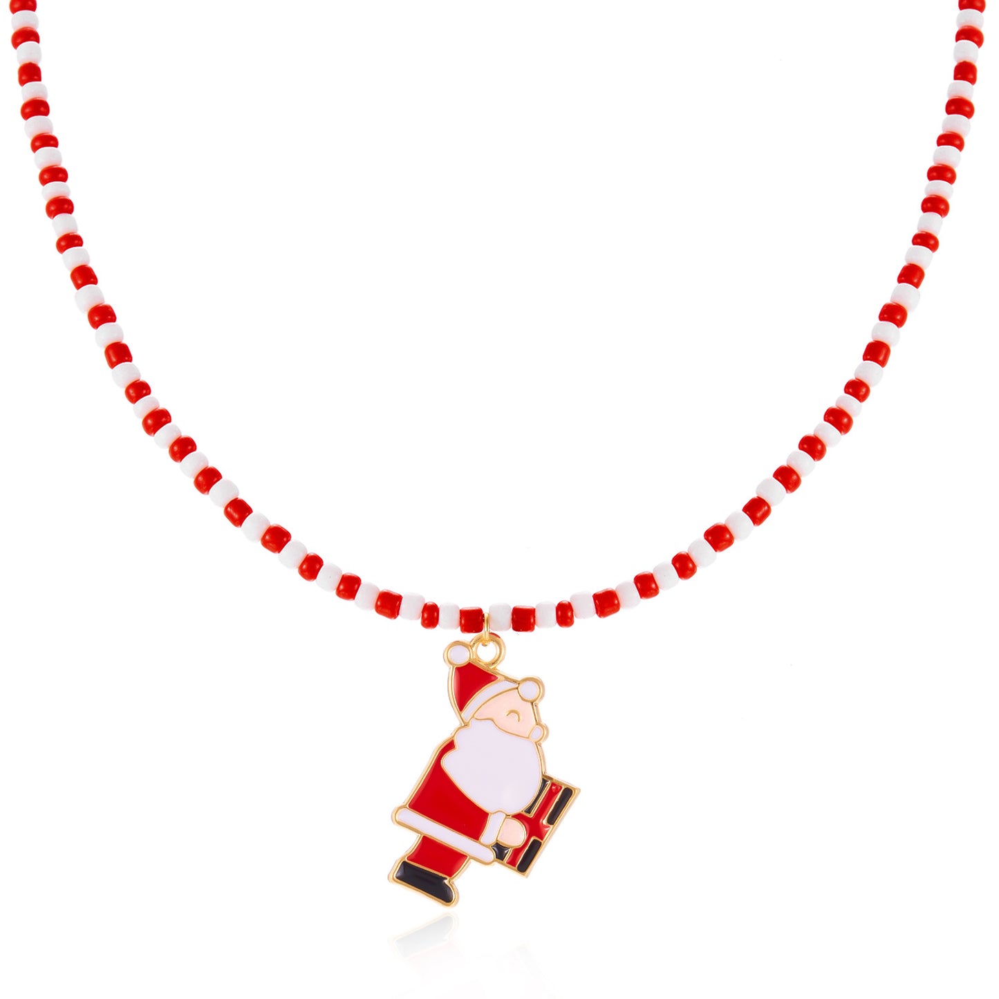 Collar con colgante de árbol de Navidad con Papá Noel y muñeco de nieve de estilo vintage francés para mujer con perlas de imitación y acabado esmaltado