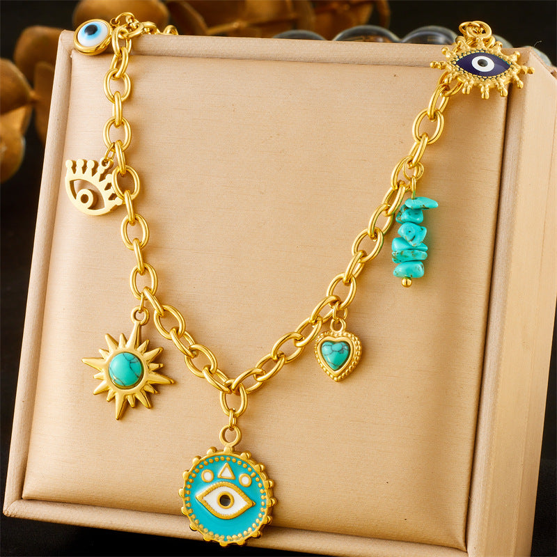 Fashion Colorful Drip Oil Flower Butterfly Eye Pendant Stainless Steel Cable Chain Necklace for Women