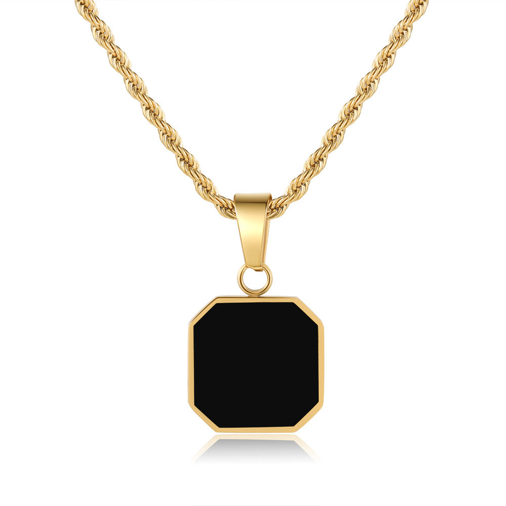Hip-hop Black Square Drip Oil Stainless Steel Pendant Necklace with Curb Chain for Unisex