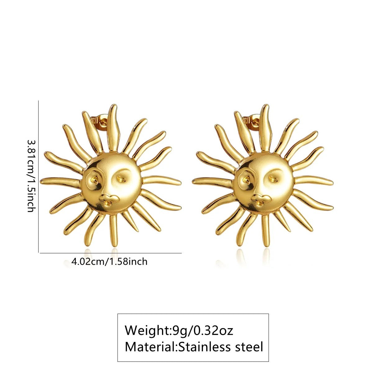 Orecchini da donna in acciaio inossidabile placcato con motivo geometrico a sole, stile casual elegante