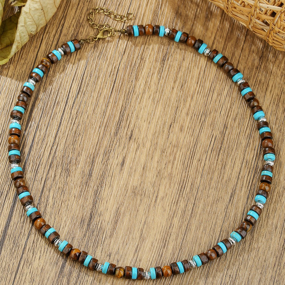 Bohemian Geometric Wood Beaded Necklace with Turquoise Inlay Cable Chain Unisex