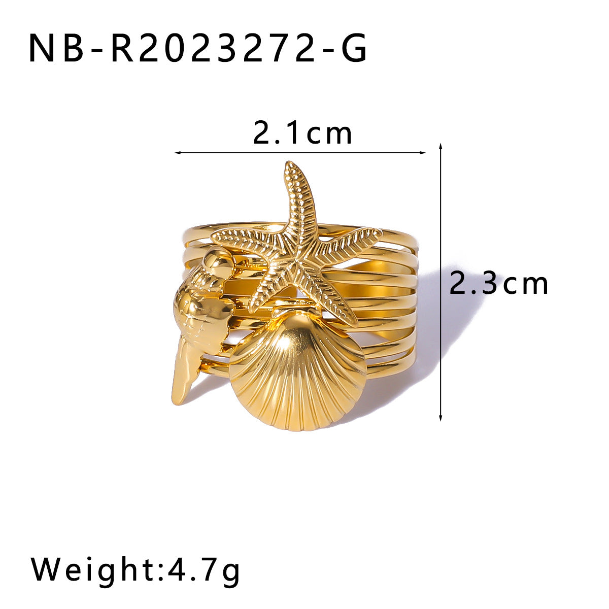 INS Style Geometric Starfish and Seashell Open Ring for Women Stainless Steel with 18K Vacuum Plating