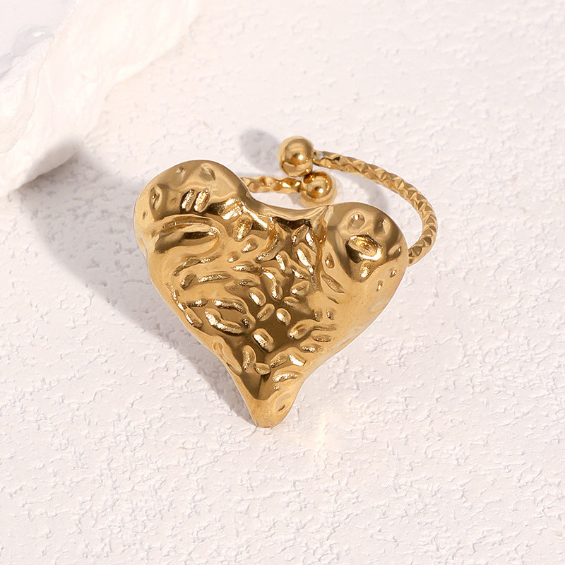 Minimalist Hammered Textured Heart Shaped 18K Gold Plated Stainless Steel Open Ring for Women
