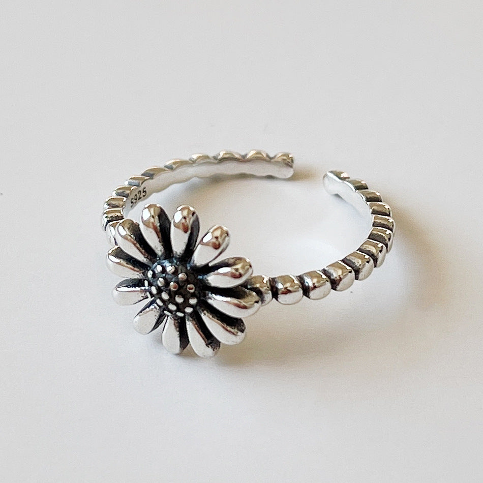 S925 Sterling Silver Daisy Ring Vintage Floral Boho Ins Style Women's Band Ring