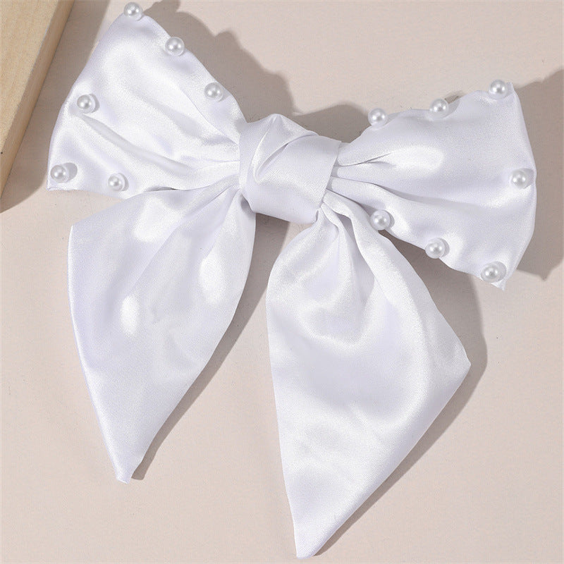 Lindo y fresco pasador con diseño de lazo blanco grande, broche de resorte adornado con perlas para mujeres y niñas