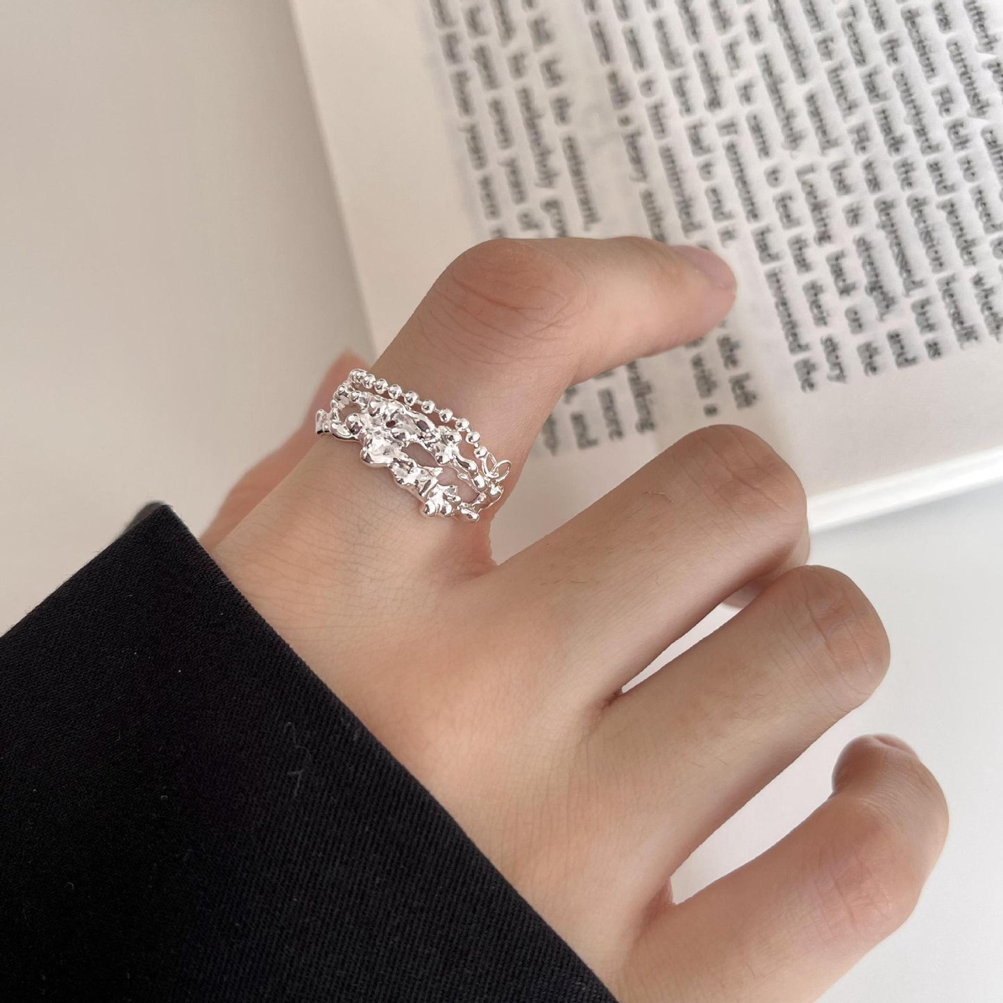 Minimalist Irregular Beaded Silver Ring for Women with Heart Shape Design in 925 Sterling Silver